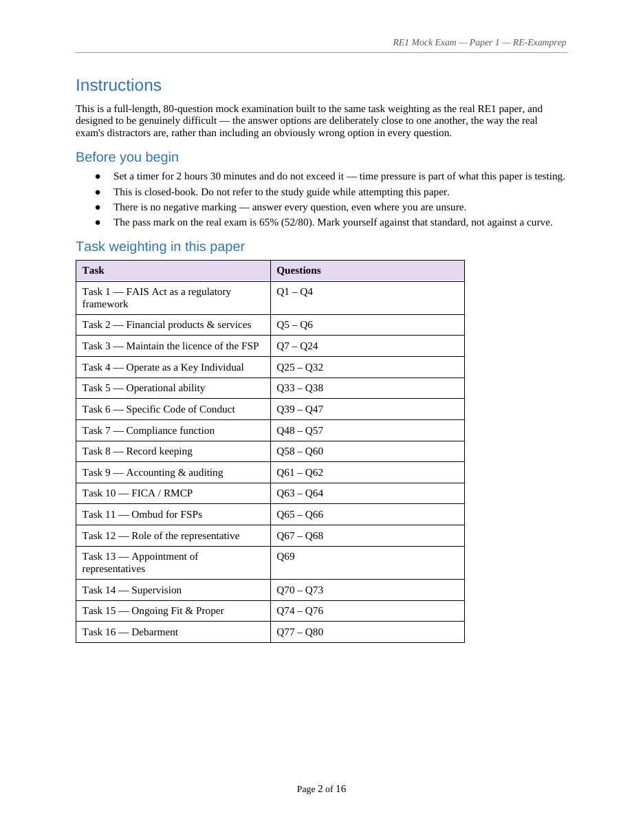 RE1 mock exam instructions and task weighting table