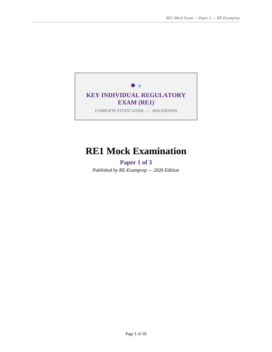 Cover page of RE1 Mock Examination Paper 1 of 3, 2026 edition