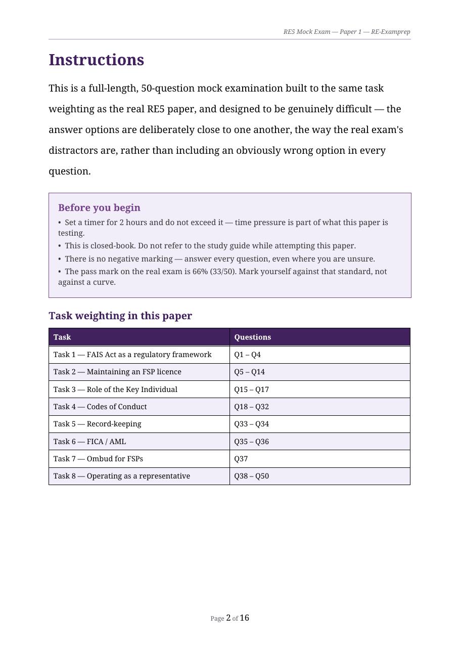 Sample RE5 mock exam questions