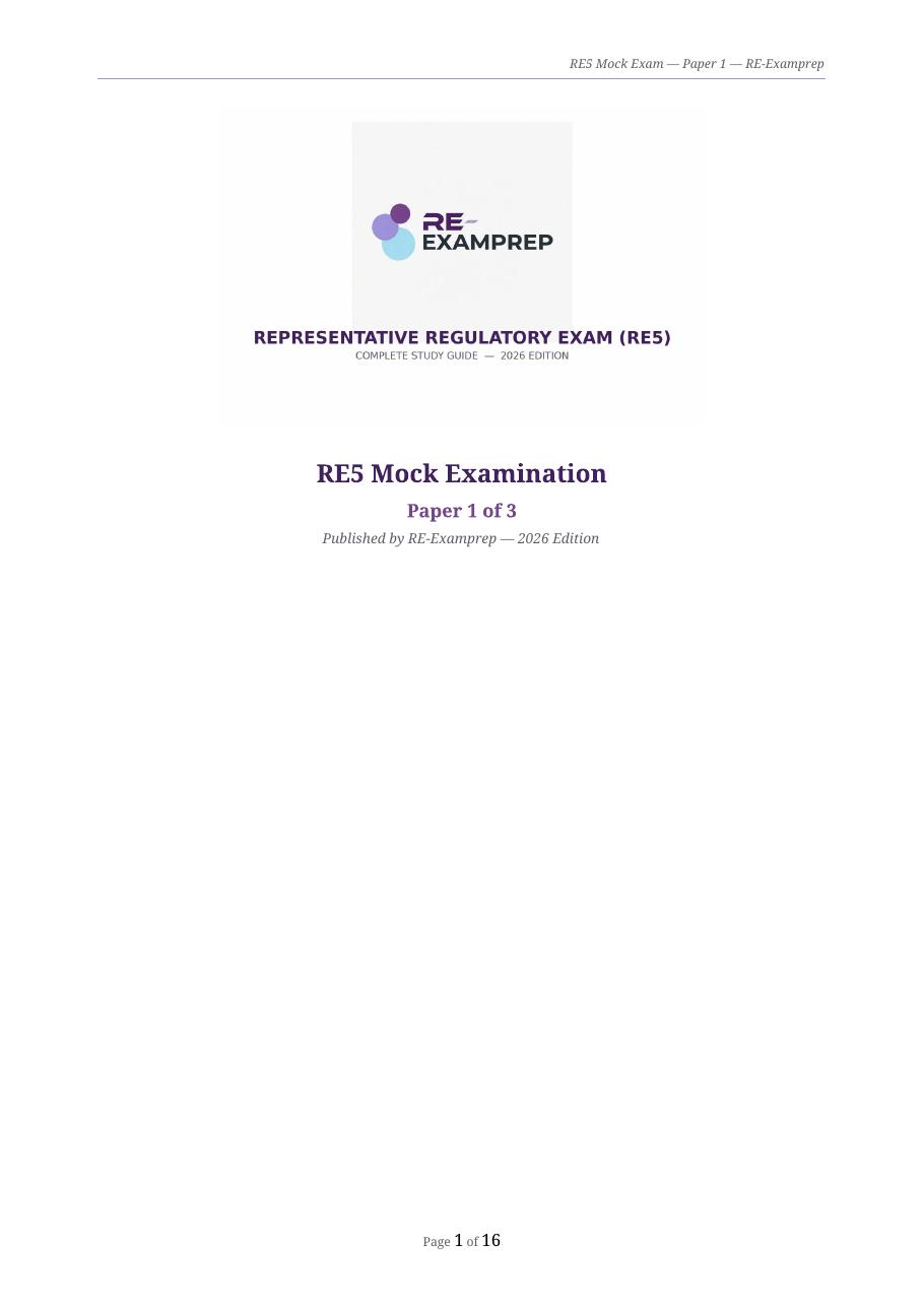 Cover page of an RE5 mock exam paper