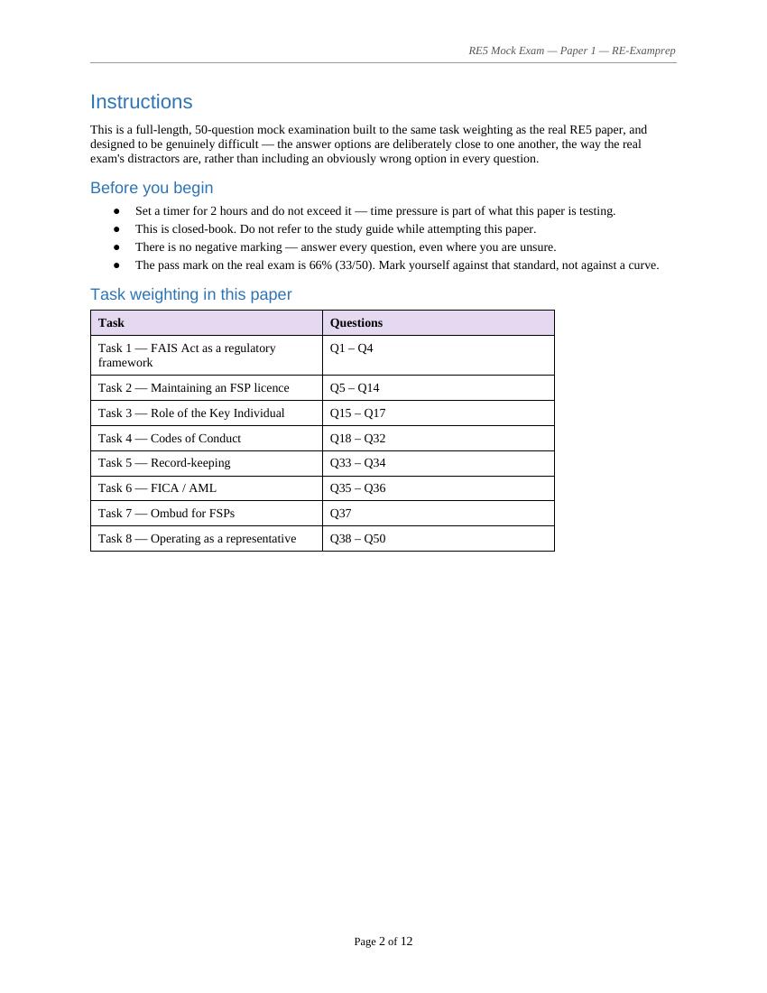 RE5 mock exam instructions and question layout