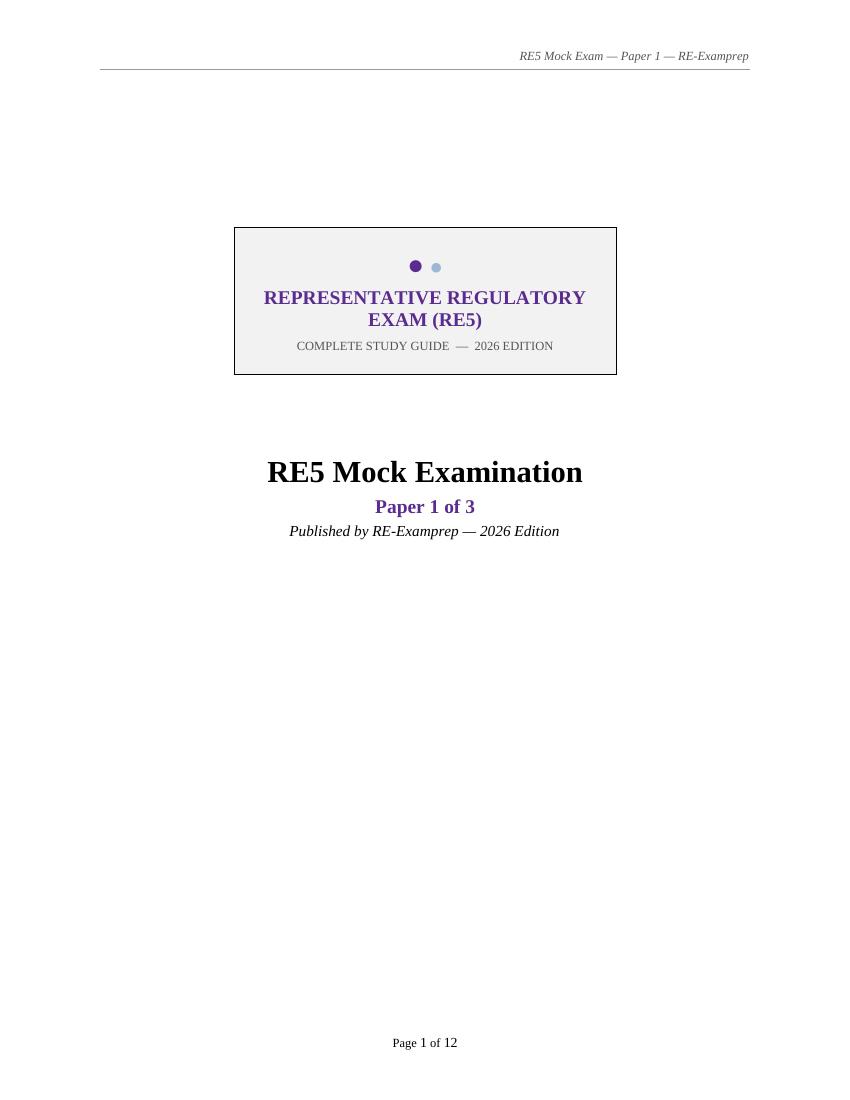 Cover page of RE5 Mock Examination Paper 1 of 3, 2026 edition