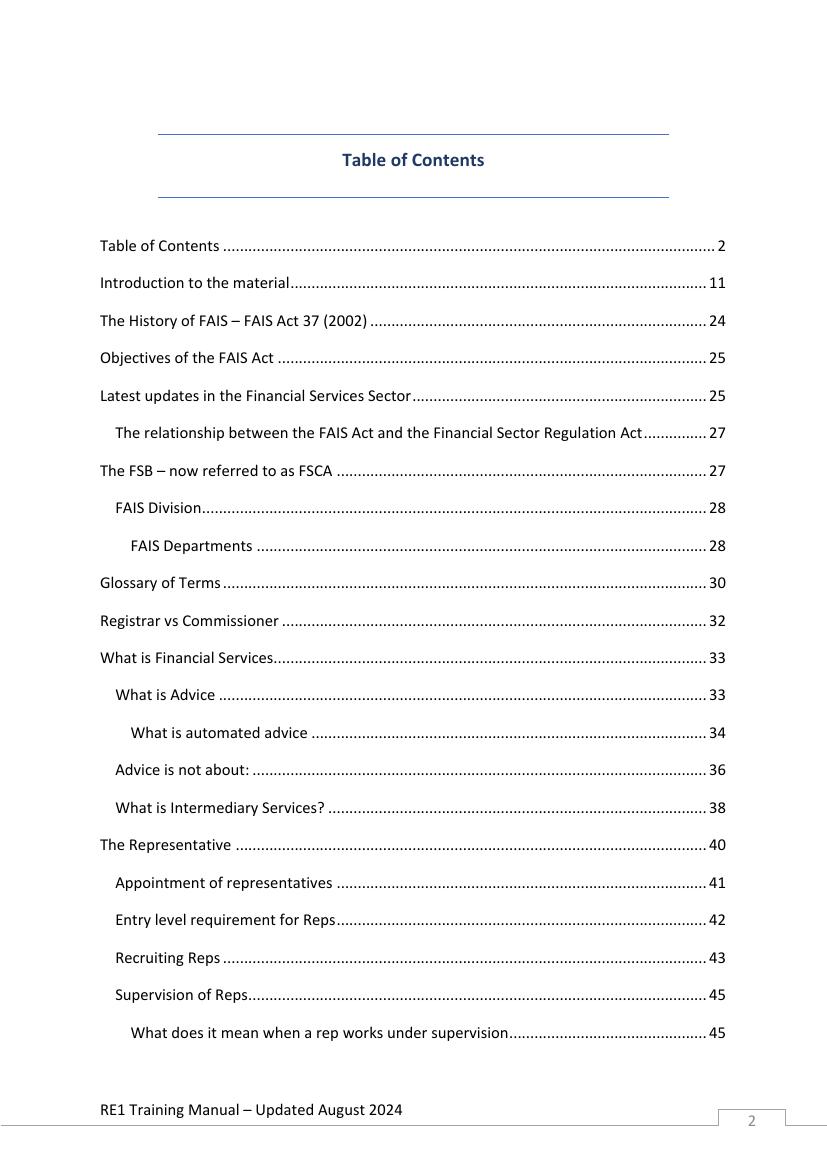 Table of contents of the RE1 study guide