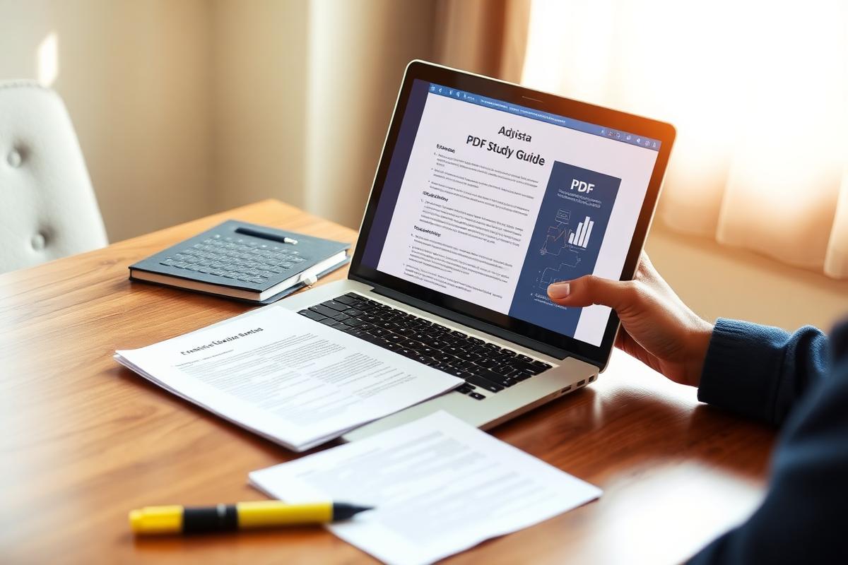 RE5 study material PDF open on a laptop next to printed study notes